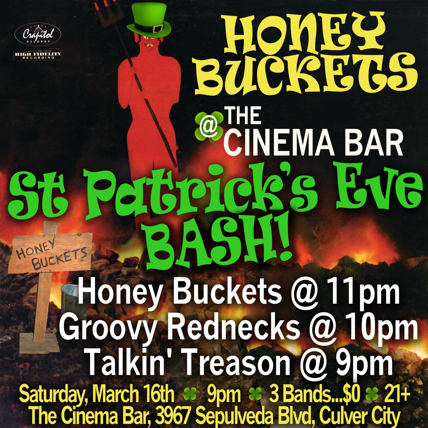 Honey Buckets & Groovy Rednecks at The Cinema Bar in Culver City Sat Mar 16th, FREE St Patrick's Eve Bash!